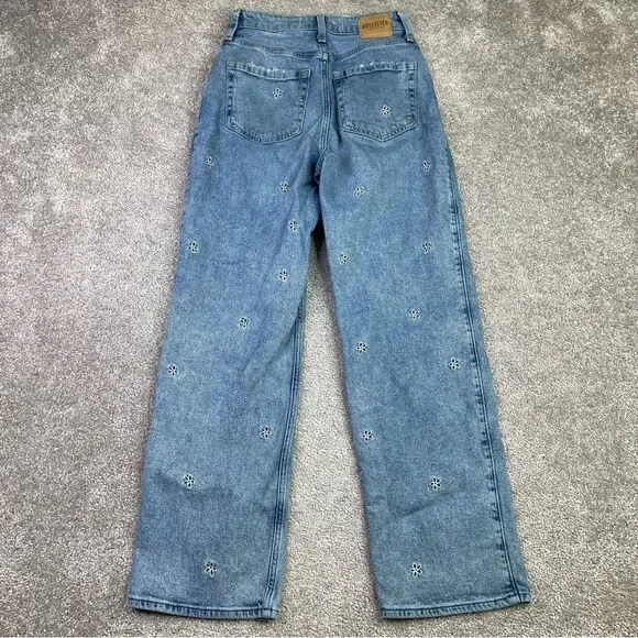 Hollister Dad Jeans Women’s 25 Short Blue Straight High Rise Flower Embroidered - Picture 3 of 12